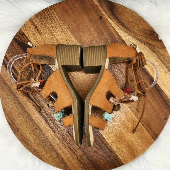 Maurices Ember Sandals 7 Camel Brown Zip Back Strappy Lace Up Tassel Stack Heel - Picture 8 of 13